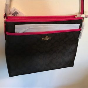 COACH SIGNATURE FILE BAG, BROWN / HOT PINK